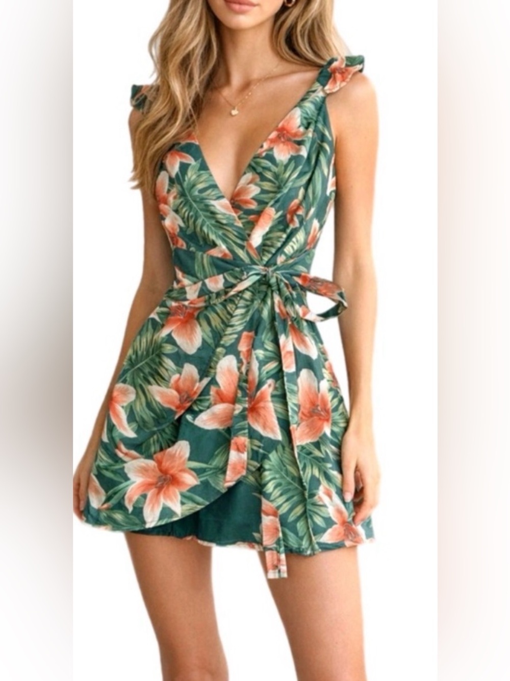 superdown Tropical Green Floral Mini Dress with Coral Blooms